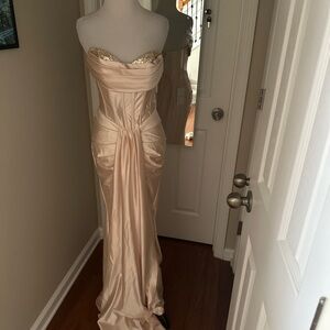 NWT Strapless Pink-Champagne Stretch Satin Evening Gown with gold sparkle detail